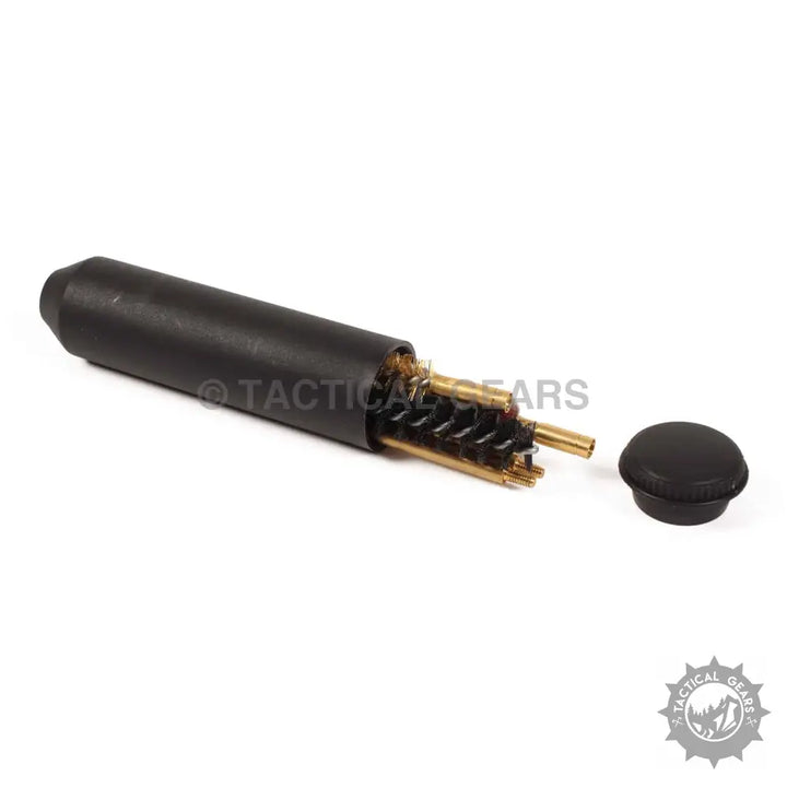 Black cylindrical 9mm cleaning kit with brass brushes and rods for firearm cleaning