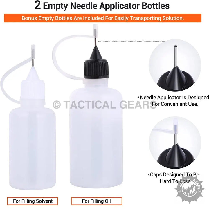 Empty needle applicator bottles with caps for Universal Gun Cleaning Kit featuring solid brass rods