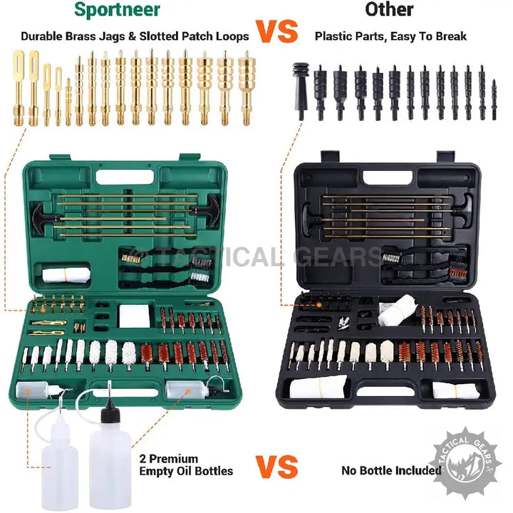 Universal Gun Cleaning Kit comparison highlighting solid brass rods, brass cleaning kit, and patches