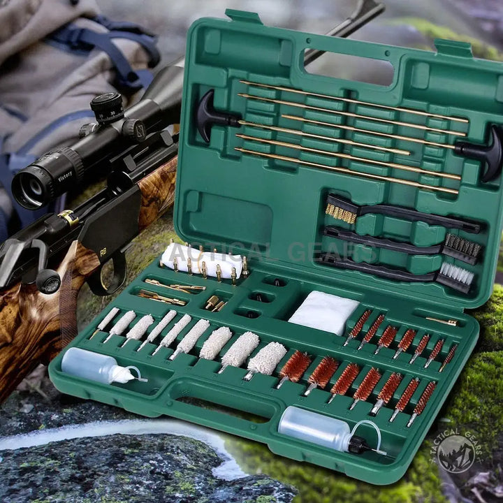 Universal Gun Cleaning Kit with green plastic case, solid brass rods, and brass cleaning patches