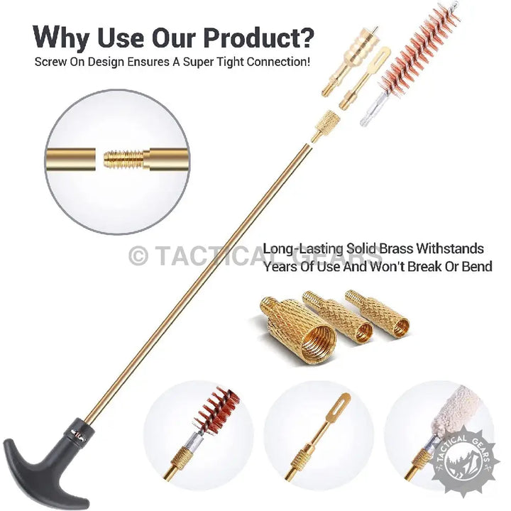 Universal Gun Cleaning Kit with solid brass rods and interchangeable brushes for firearm maintenance