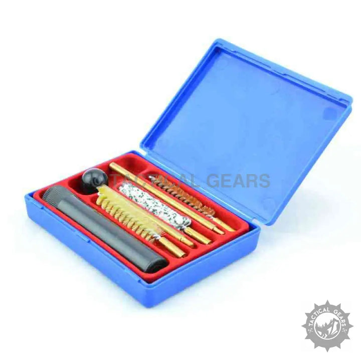 Blue plastic cleaning tool kit box with red interior and firearm accessories