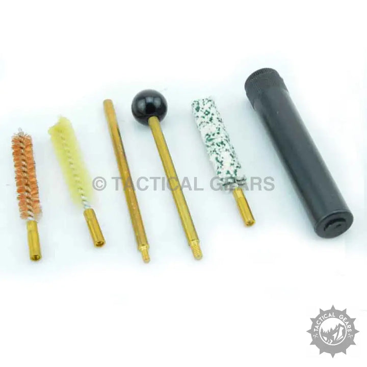 Tactical cleaning tool kit with brass brushes, black ball tip, and speckled rod