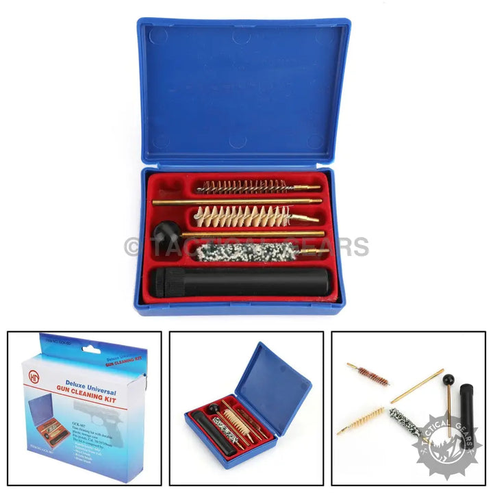 Gun cleaning tool kit with brushes and tools in blue case