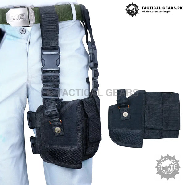 Black tactical leg holster with stitched pouch and waist holster for versatile carry