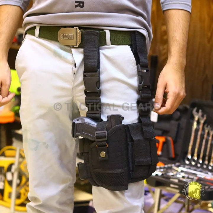 Black drop-leg tactical holster with pistol attached to belt, ideal leg holster solution