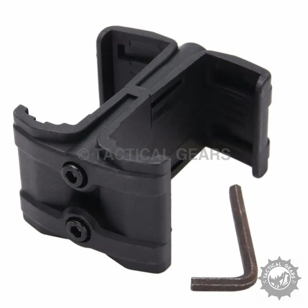 Black plastic magazine coupler with L-shaped hex key for universal rifle magazine attachment