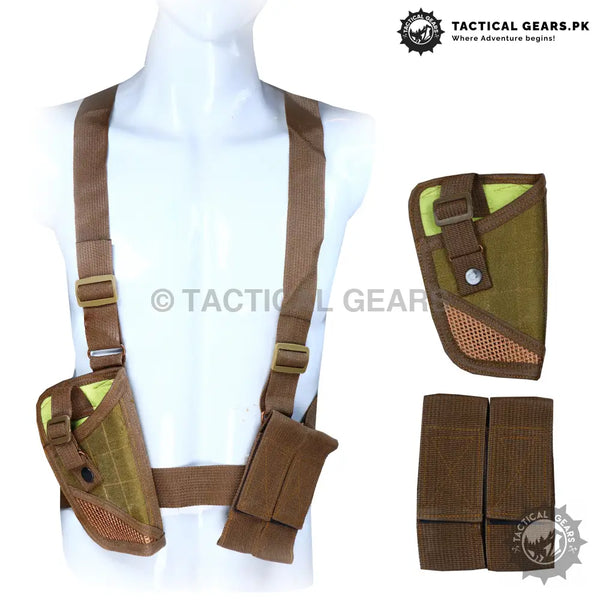 Brown tactical shoulder holster with pistol pouch and magazine pouches for firearm security