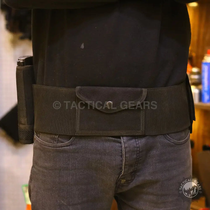 Black tactical belt with front pouch from Universal Strap-Tac Belly Band Waist Holster essentials