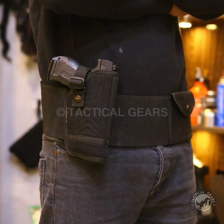 Universal Strap-Tac Belly Band Waist Holster Black with tactical belt and essentials pouch