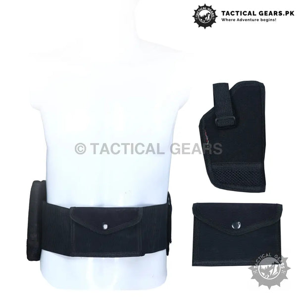 Black tactical belt with pouches and holster for essentials, Universal Strap-Tac Belly Band Waist Holster
