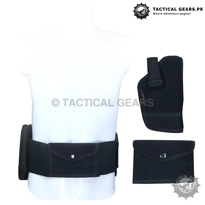 Black tactical belt with pouches and holster for essentials, Universal Strap-Tac Belly Band Waist Holster