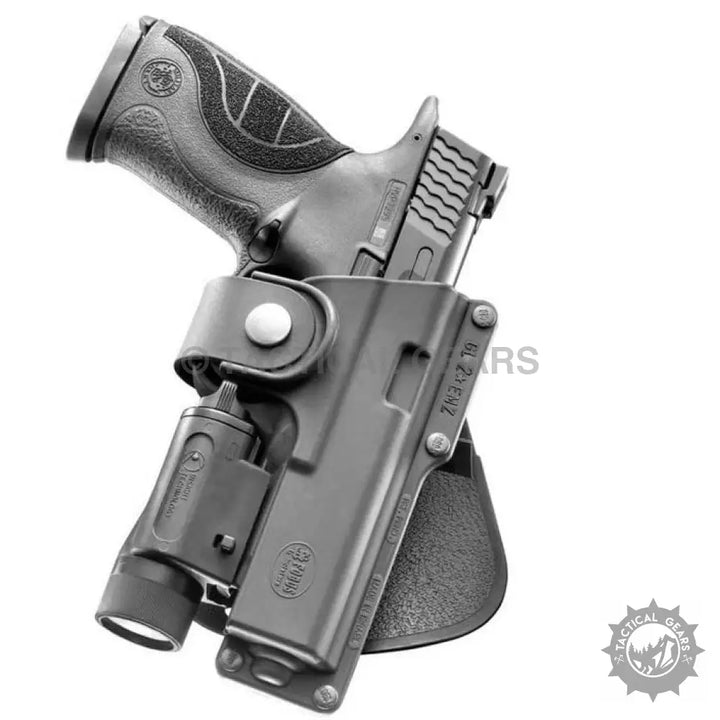Black handgun in a universal tactical polymer holster with internal rubber insert and tactical flashlight