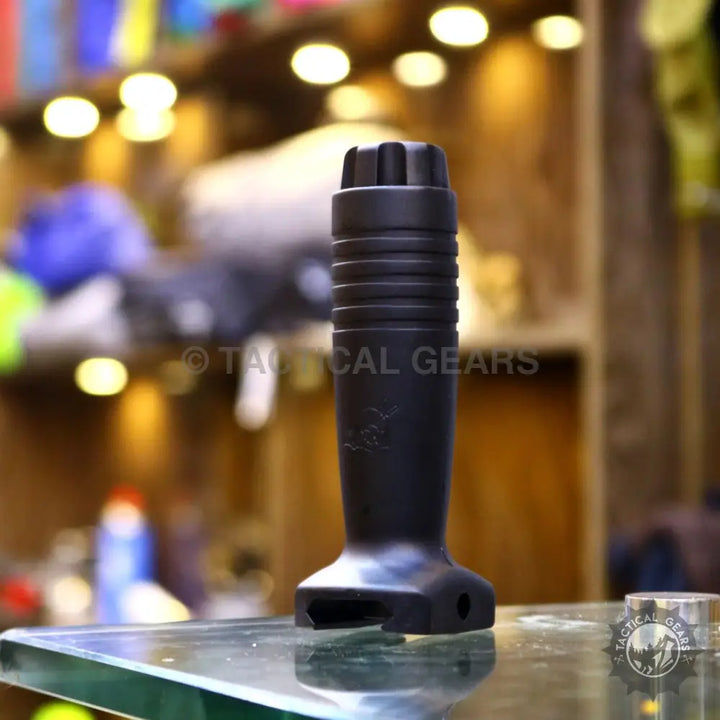 Black tactical vertical forward grip with ribbed finger grooves for enhanced control