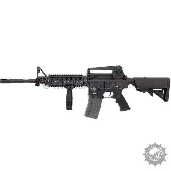 Black assault rifle with a universal vertical forward grip and adjustable stock
