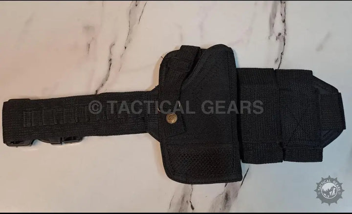 Black tactical fabric waist holster with pouches for concealed carry and quick access