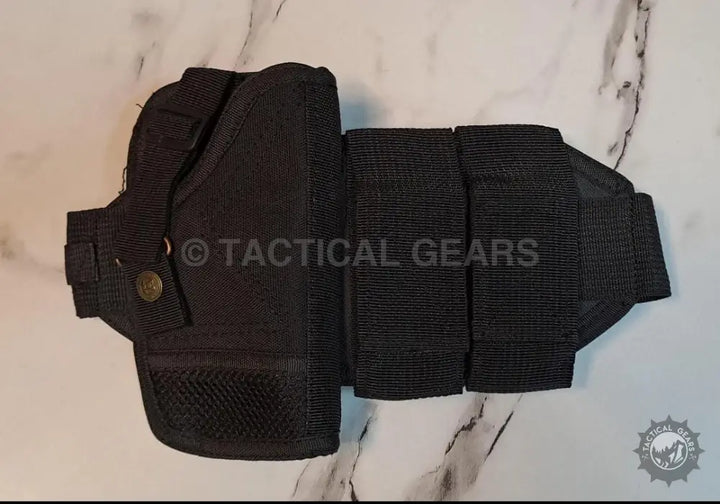 Black nylon tactical belt with holster and magazine pouches for universal waist holster use