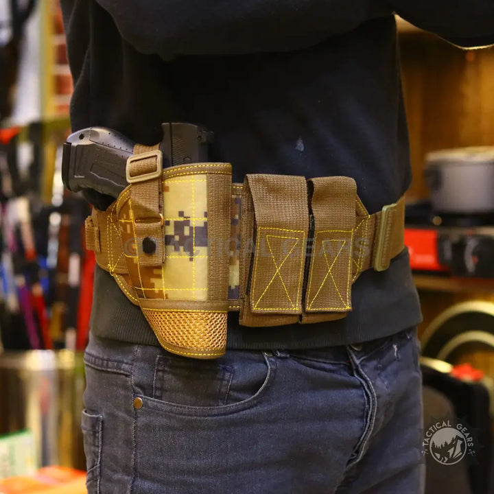 Universal Waist Holster Low Profile Fabric Black with tactical belt, pistol holster, and magazine pouches