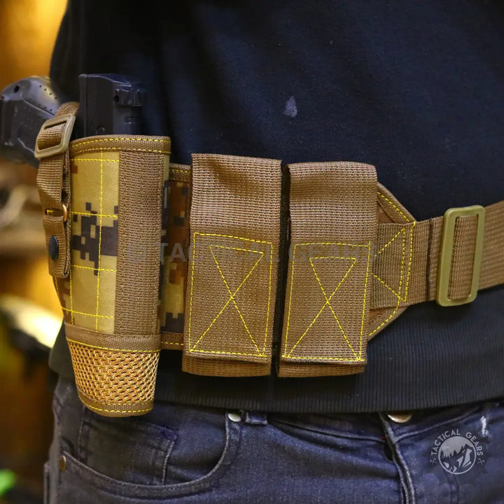 Universal Waist Holster Low Profile Fabric Black with tactical belt, pistol holster, and magazine pouches