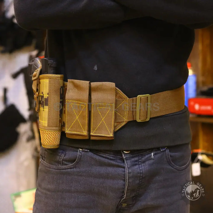 Universal Waist Holster Low Profile Fabric Black with tactical belt, holster, and magazine pouches
