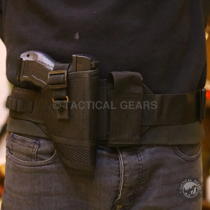 Black tactical belt with holster and magazine pouches for Universal Waist Holster