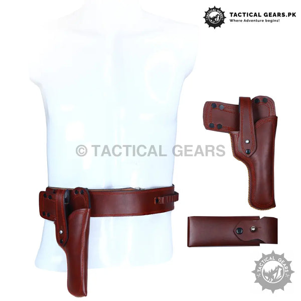 Brown leather universal waist holster strap with matching holster and case