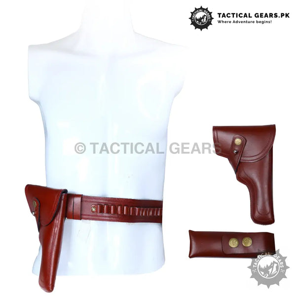 Plain leather brown gun holster belt with matching holster and ammo belt pouch