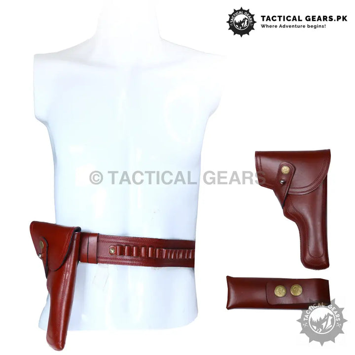 Plain leather brown gun holster belt with matching holster and ammo belt pouch