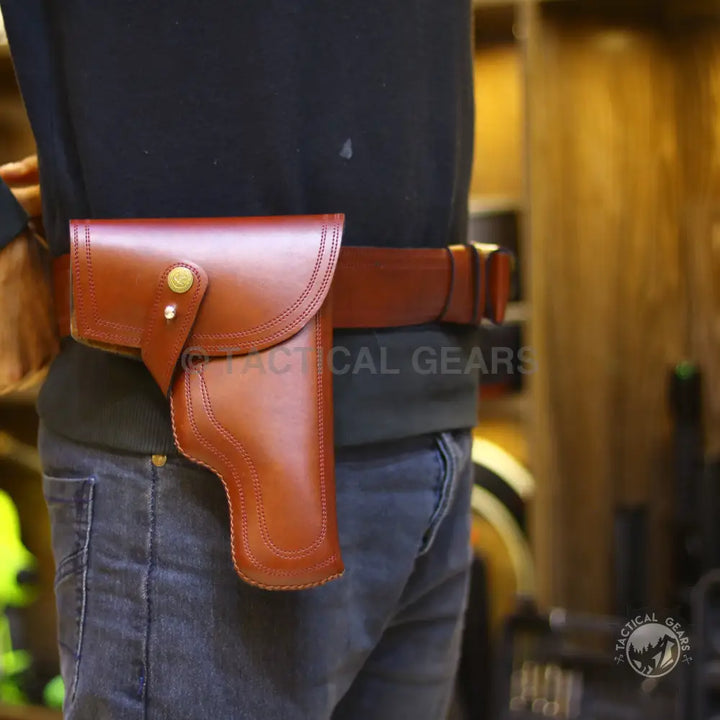 Universal Waist Holster Thumb Break Plain Leather Brown on Ammo Belt for Concealed Carry