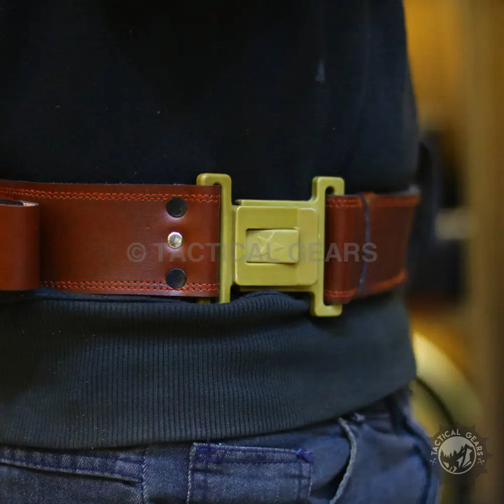 Brown leather belt with gold buckle for Universal Waist Holster, plain leather ammo belt