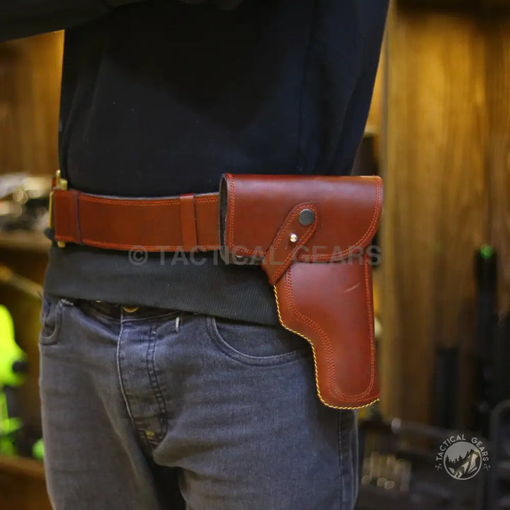 Plain leather brown gun holster attached to matching ammo belt for Universal Waist Holster