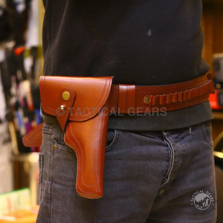 Universal waist holster with ammo belt in plain brown leather for firearm storage