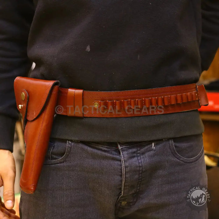 Plain leather brown universal waist holster with ammo belt and cartridge loops