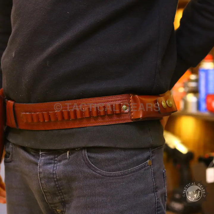 Brown leather cartridge belt with brass snaps for universal waist holster and ammo belt