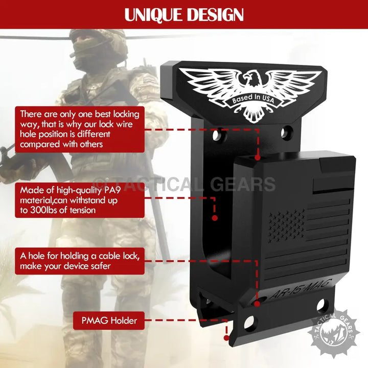 Black AR-15 PMAG holder with American flag design in a wall mounted holster