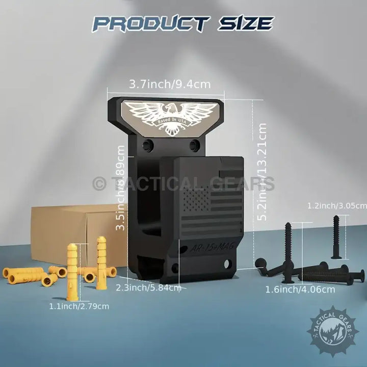 Black wall mounted tactical gear holder with eagle emblem for wall mounted holster storage