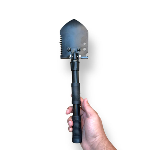 Black multi-tool folding shovel with serrated edge and foldable handle for USA Tactical Folding Shovels