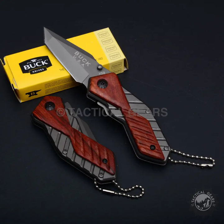 Two folding knives with dark wood handles and silver blades for Buck USA X59 Tactical Mini Knife