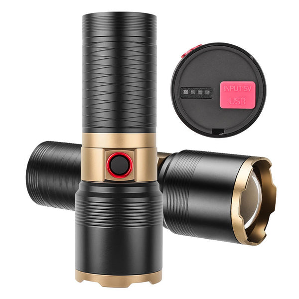 Black and gold USB Charging LED Tactical Flashlight with side button and power indicator