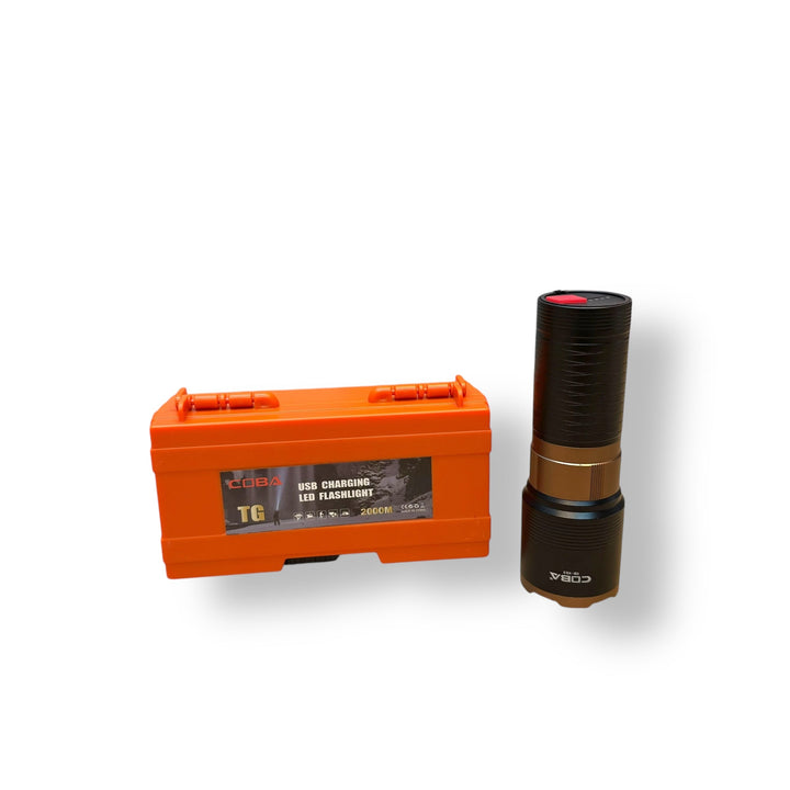 Orange USB Charging LED Tactical Flashlight in case showcasing portable charging LED device