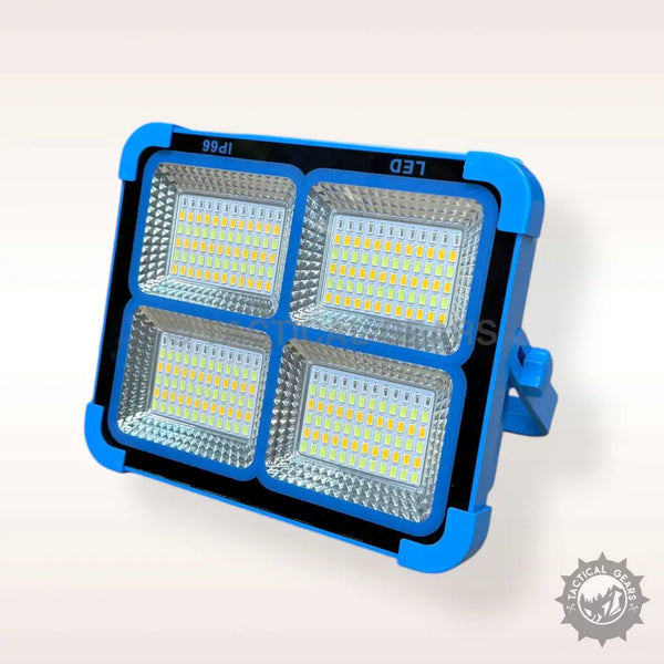 Blue and black four-panel LED floodlight with stand, UXI Solar Flood Light for outdoor lighting