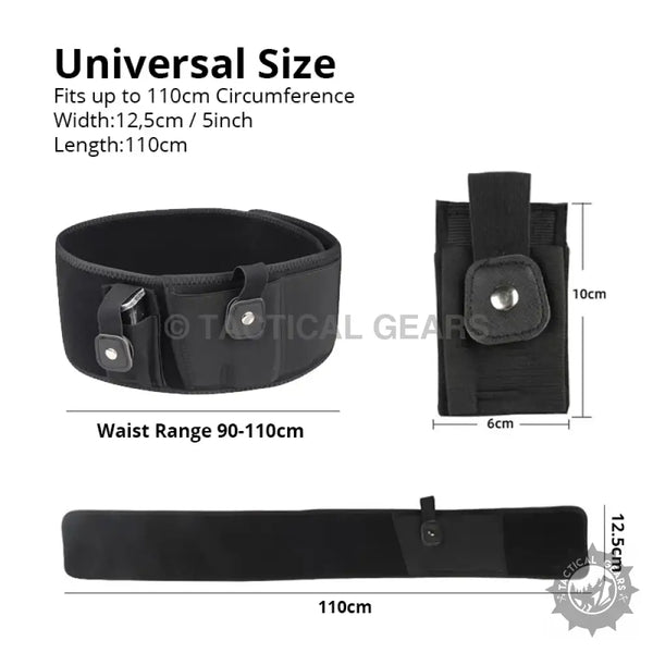 Black tactical waist band belly holster with adjustable belt and attached pouch