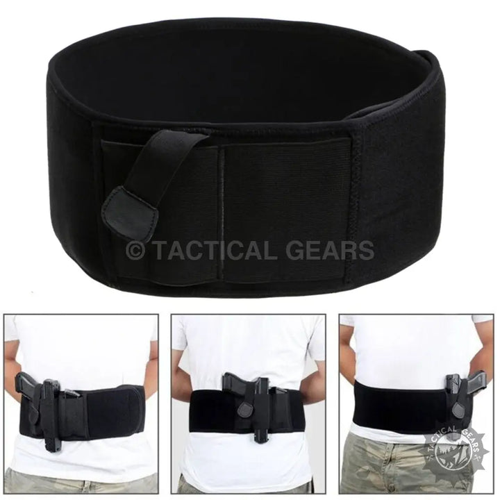 Black elastic waist band belly holster for concealed carry, comfortable waist band design