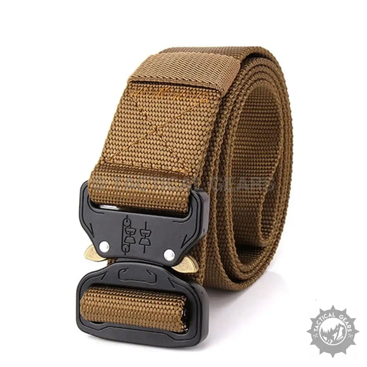 Brown nylon tactical waist belt with alloy buckle and quick-release design