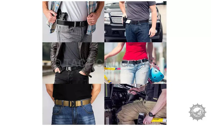 Collage of people wearing stylish tactical waist belts with alloy buckles