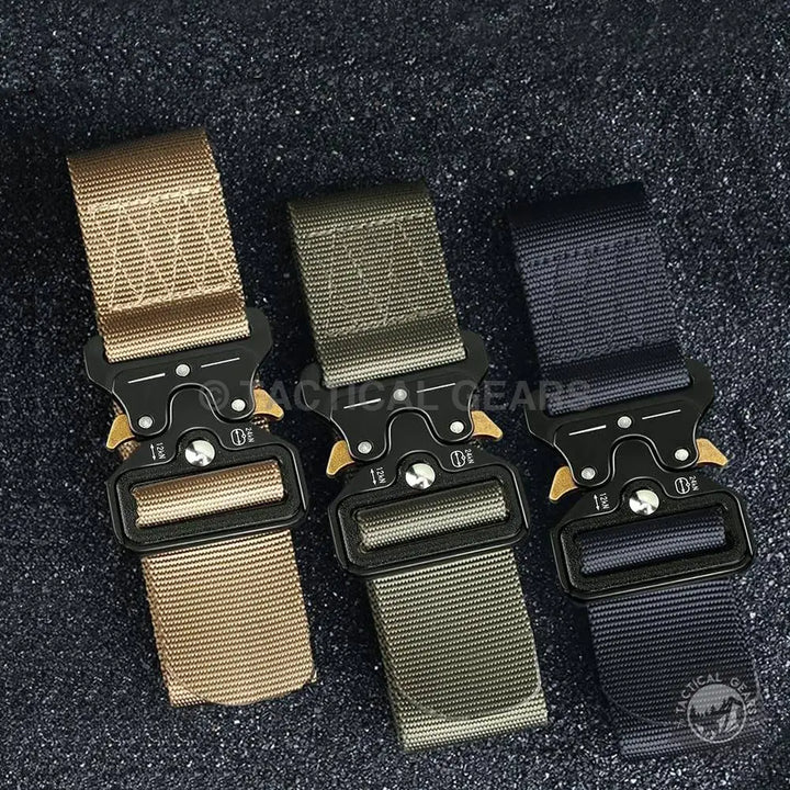 Tactical waist belt with alloy buckle in tan, olive green, and black for outdoor gear