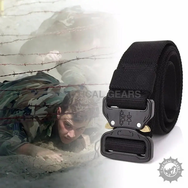 Black tactical waist belt with alloy buckle and quick-release metal buckle