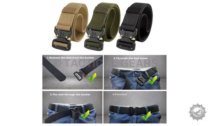 Tactical waist belt with alloy buckle in tan, olive green, and black with wearing guide