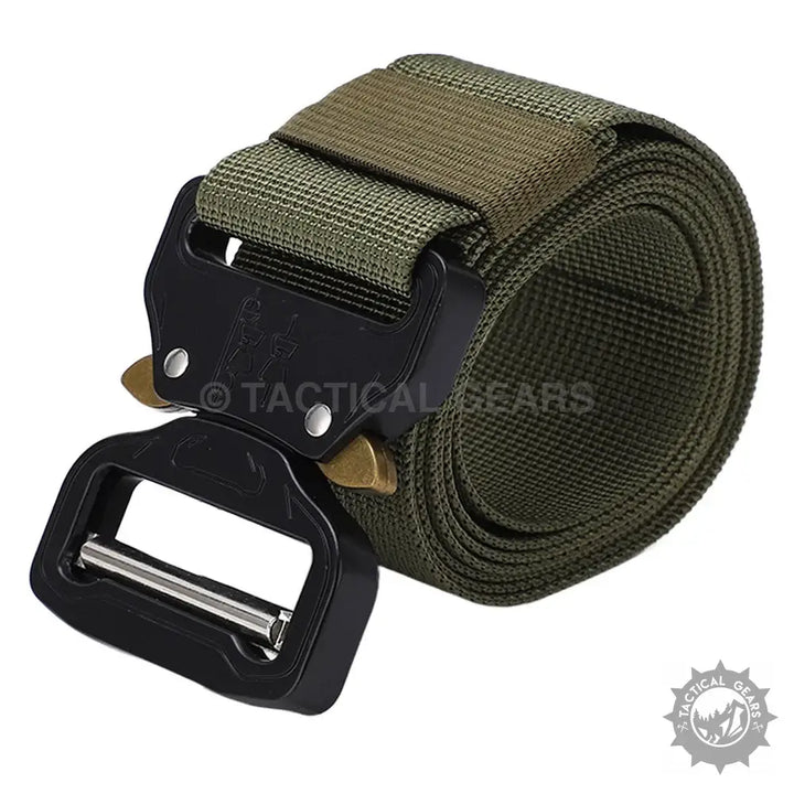 Olive green nylon tactical waist belt with alloy buckle and quick-release for outdoor use
