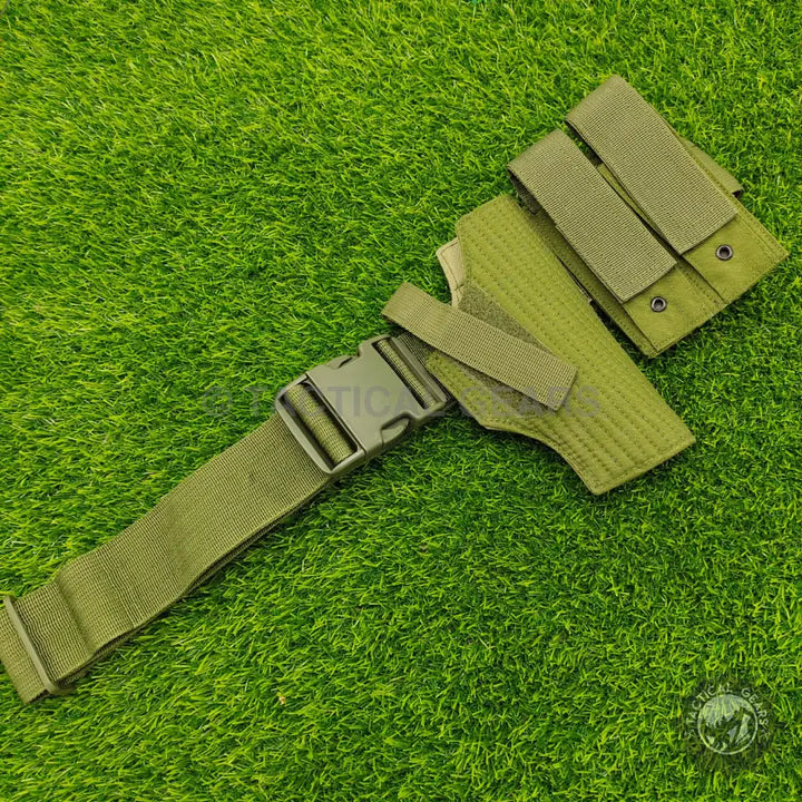 Olive drab waist holster with quick-release buckle, holster, and magazine pouches